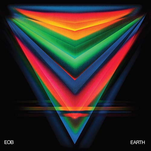 The image depicts a vinyl record cover with a black background and a vibrant, layered V-shape design in shades of blue, green, red, and orange. The artist's initials "EOB" are displayed in the bottom-left corner, while the album title "EARTH" is shown in the bottom-right corner. Alt text: "Black vinyl record cover with colorful, layered V-shape and text 'EOB' and 'EARTH'."