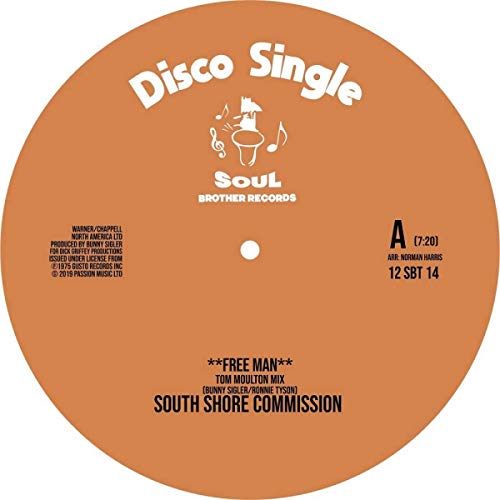 Orange vinyl record label with white and black text, featuring "Disco Single" and "South Shore Commission".