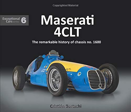 "Blue and yellow vintage race car on book cover with black background."