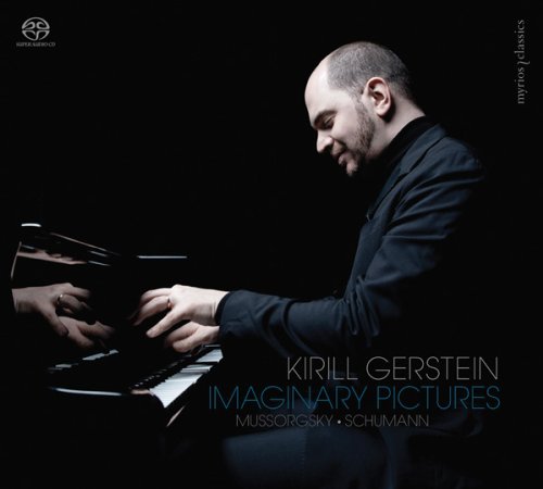 Man in dark suit plays piano on a black album cover with text.