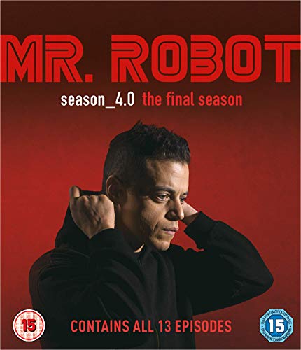"Mr. Robot Season 4 Blu-ray cover featuring a man in black against a red background."