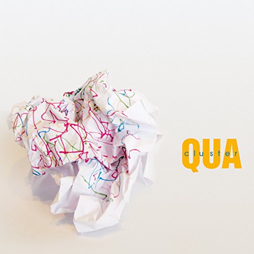 Crumpled white paper with multicolored squiggles, beside the text "cluster qua" in yellow.