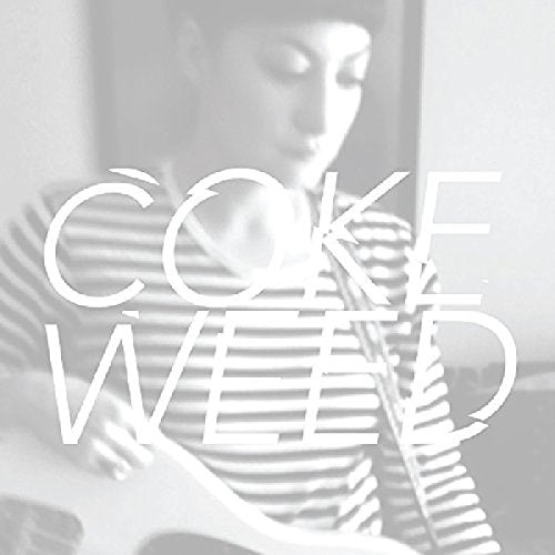 A black and white image of a woman playing guitar with "Coke Weed" text overlay.