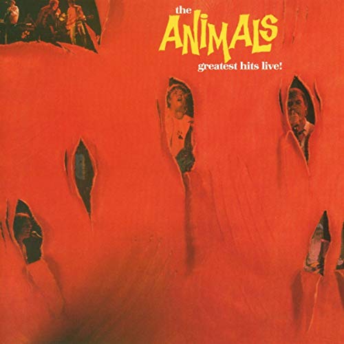 Red album cover with yellow title and band members peeking through holes.