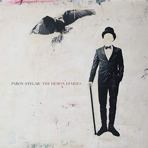 "Album cover with man in a suit and a flying crow."