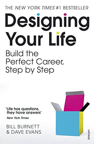"Book cover with title 'Designing Your Life' and a box with papers emerging."