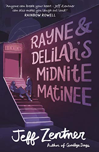 "Book cover with purple staircase and cinema, featuring title and author's name."