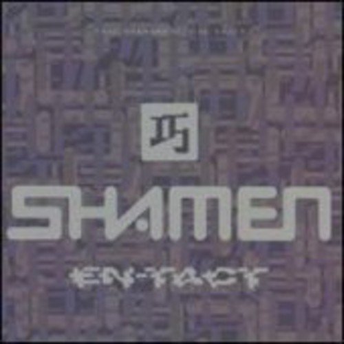 "Black album cover with 'The Shamen En-Tact' in silver and grey text, geometric pattern."