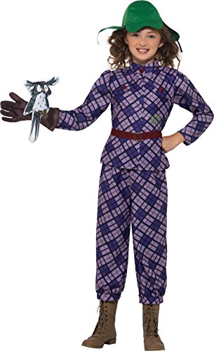 A child in a purple plaid costume holds a fake parrot.