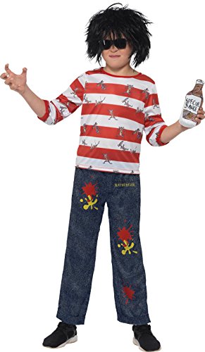 "Child wearing a red and white striped shirt, ripped jeans, and a messy black wig."