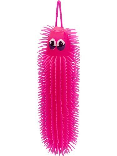 "Pink chenille ball with googly eyes and a loop handle on a white background."