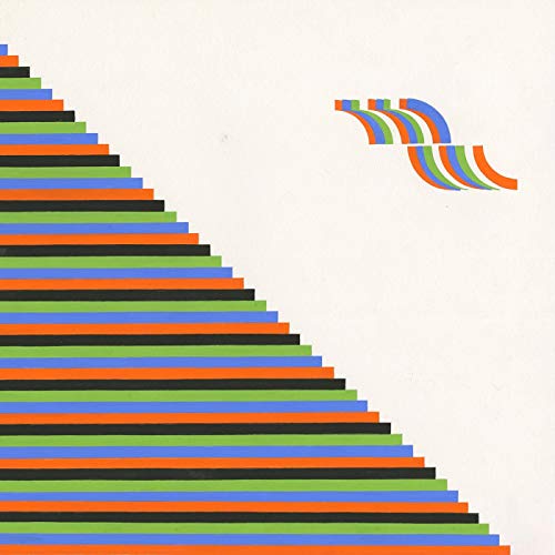 The image depicts a vinyl record cover with a white background and a colorful striped pattern. Alt text: "Vinyl record cover with white background and multicolored striped pattern."