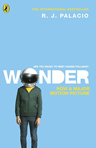 "Book cover of 'Wonder' by R.J. Palacio, featuring a boy wearing a space helmet."