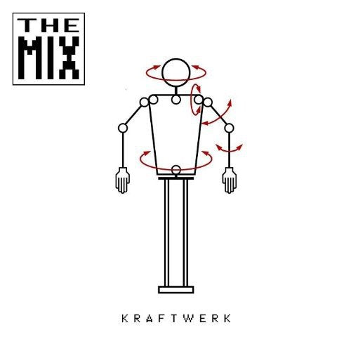 "Kraftwerk album cover featuring a robotic figure with red arrows on a white background."