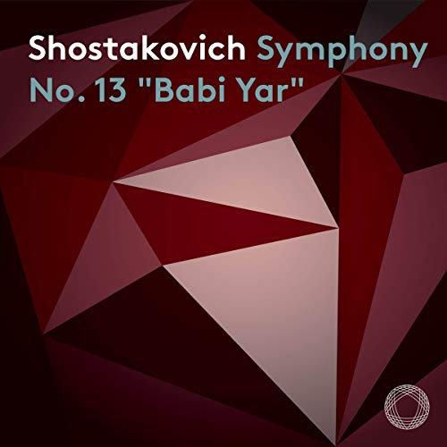 The image is a CD cover for Shostakovich Symphony No. 13 "Babi Yar". Key visual characteristics include a dark red and black geometric pattern background, with white and teal text at the top, and a small white logo in the bottom-right corner. A concise, descriptive alt text could be: "CD cover with red geometric pattern and white and teal text."