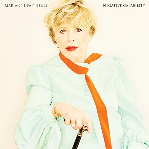 Marianne Faithfull album cover featuring a woman holding a sword, light blue dress.