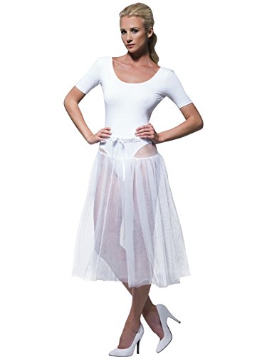 White petticoat skirt with ribbon waist, worn with white top and heels, against plain background.