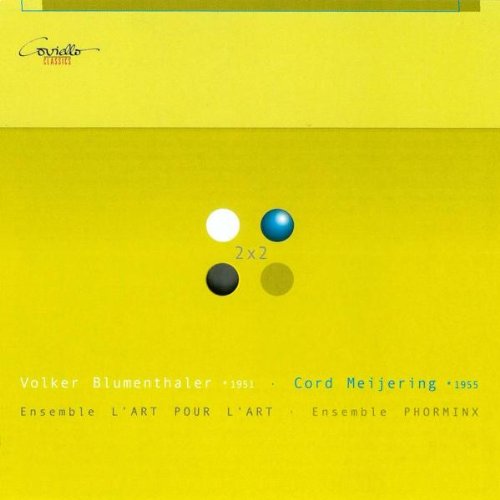 A yellow album cover with four colored circles and artist names at the bottom.