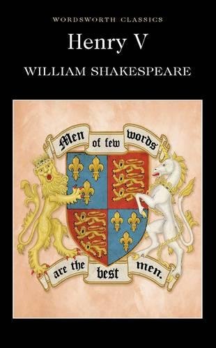 "Book cover of 'Henry V' with a heraldic crest and lion and unicorn figures."