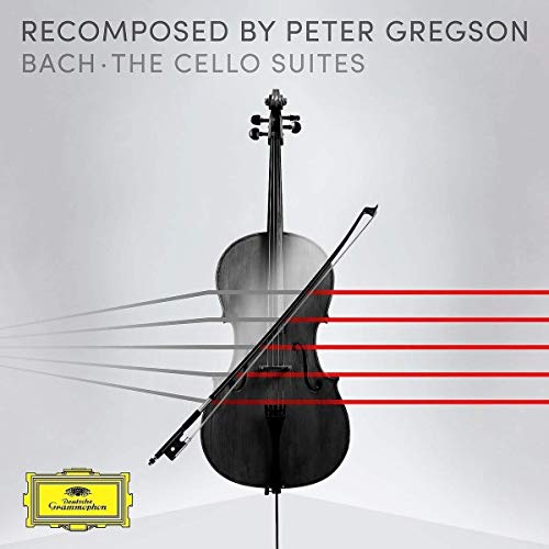 Cello album cover with violin on stand and red lines, grey background, yellow logo.