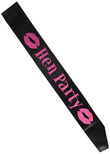A woman wearing a black dress and a "Hen Party" sash with pink lettering and lip prints.