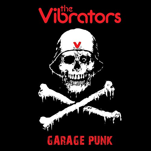 "Black vinyl album cover with white skull and crossbones, red text 'The Vibrators Garage Punk'."