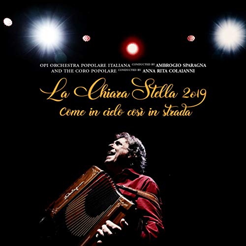 "CD cover with man playing accordion, gold text, and spotlights on black background."