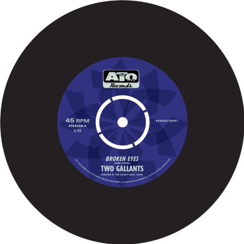 Vinyl record with blue label, titled "Broken Eyes" by "Two Gallants".