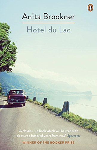 "Book cover of 'Hotel du Lac' by Anita Brookner, featuring a red car on a lakeside road."