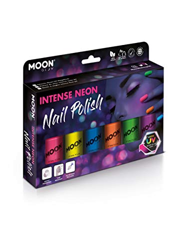 A purple box of neon nail polish with five colorful bottles visible on the front.
