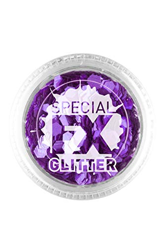A clear plastic container filled with purple glitter, labeled "Special FX Glitter".