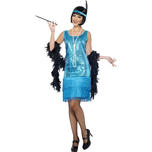Woman wearing a blue flapper costume, feathered shawl, pearl necklace, and holding a cigarette holder.