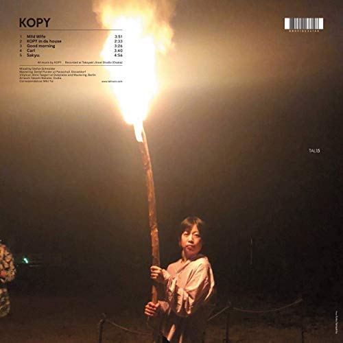 A woman holds a lit torch in a dark setting, vinyl album cover.