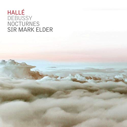 "CD cover with cloudy landscape and text 'HALLÉ, DEBUSSY, NOCTURNES, SIR MARK ELDER'."