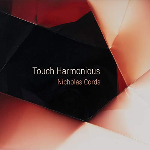 "Album cover with black geometric shape and white text on a red and pink background."