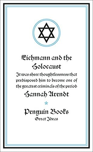 "Eichmann and the Holocaust" book cover with Star of David and black gothic text on white.