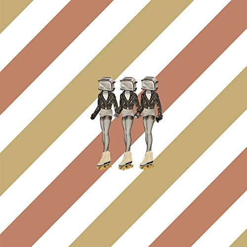 The image depicts three illustrated women in black outfits and boots, with bag heads, on a striped background.