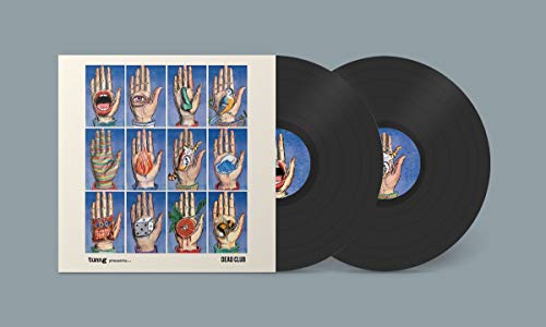Vinyl record and cover with grid of hands and blue background.