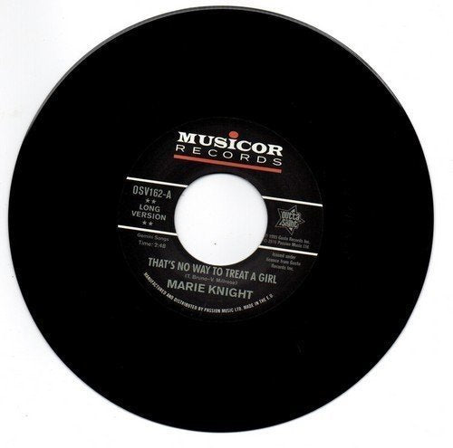 Black vinyl record with white label displaying "Musicor Records" and song title.