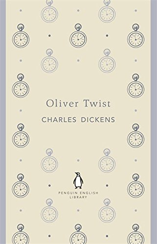 Cream-colored book cover with pocket watches and "Oliver Twist" by Charles Dickens.