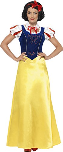 A woman wearing a Snow White costume, featuring a blue bodice, yellow skirt, and red bow.