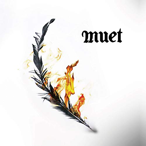 A black feather on fire, with "muet" text, on a white background.