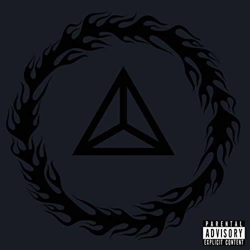 A dark blue album cover with a black triangle surrounded by flames and a parental advisory label.