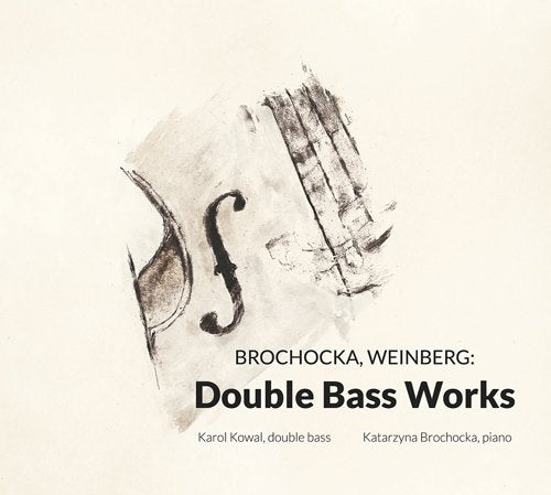 "CD cover with sketch of double bass and piano keys on beige background."
