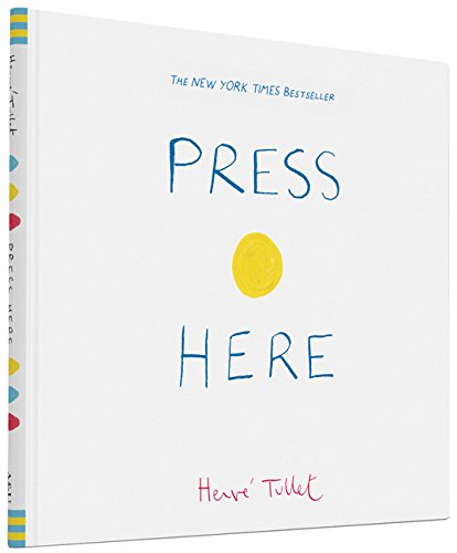 The image shows a book cover with "PRESS HERE" in blue text and a yellow circle.