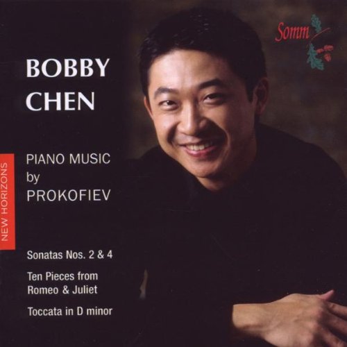 CD cover featuring a smiling man with text describing piano music by Prokofiev.