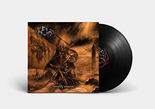 "Album cover art depicting a Viking warrior standing over a kneeling figure, with a dark orange sky."