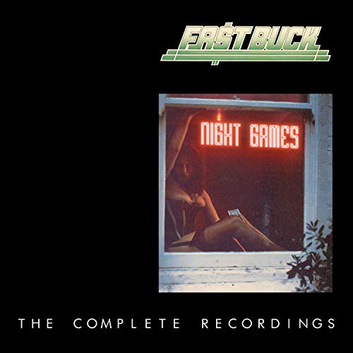 The image depicts a CD boxset cover for "Fast Buck - Night Games ~ The Complete Recordings". Alt text: A woman sits in a window with a neon "Night Games" sign.