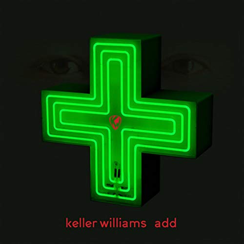 A 3D green neon cross on a black background with a pair of eyes.