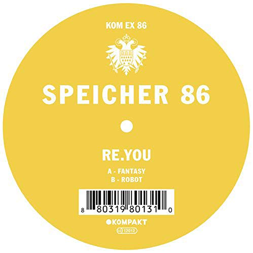 Yellow vinyl record label with white text and barcode on a white background.
